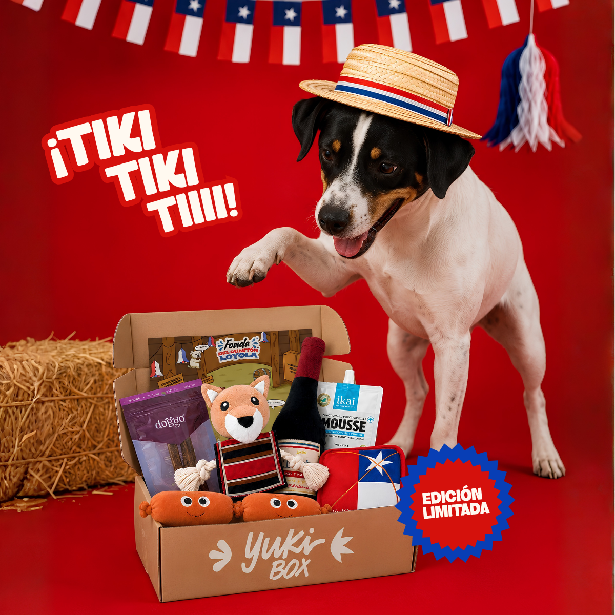 YukiBox edición limitada Fiestas Patrias, con perro con sombrero de huaso y contenido de la caja